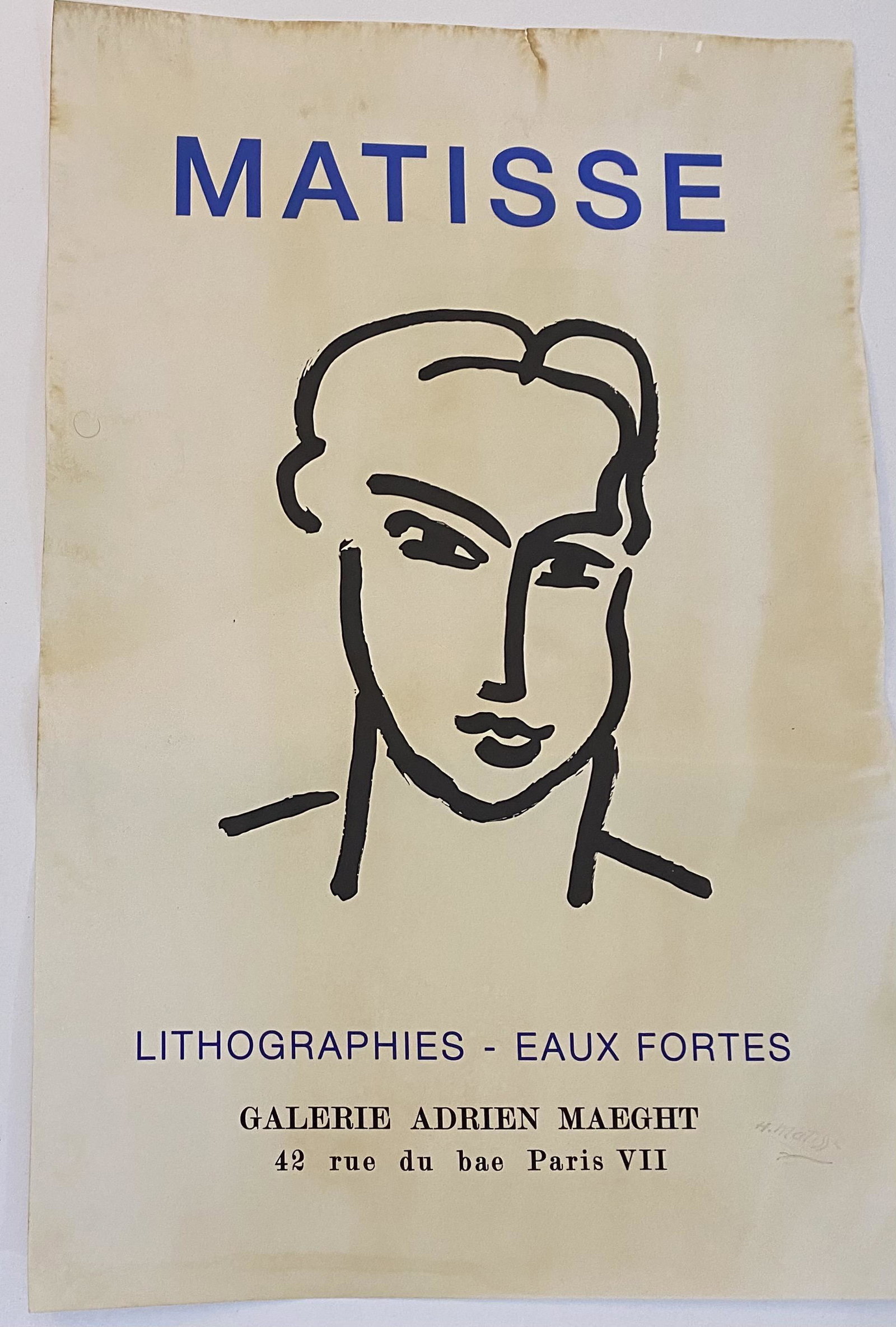 Henri Matisse (Galerie Maeght) Exhibition Poster: HENRI MATISSE (1869-1954) Matisse - Lithographies - Eaux Fortes - Galerie Adrien Maeght - Paris Poster in colors 24" x 16" Stamping to lower right side "H Matisse"