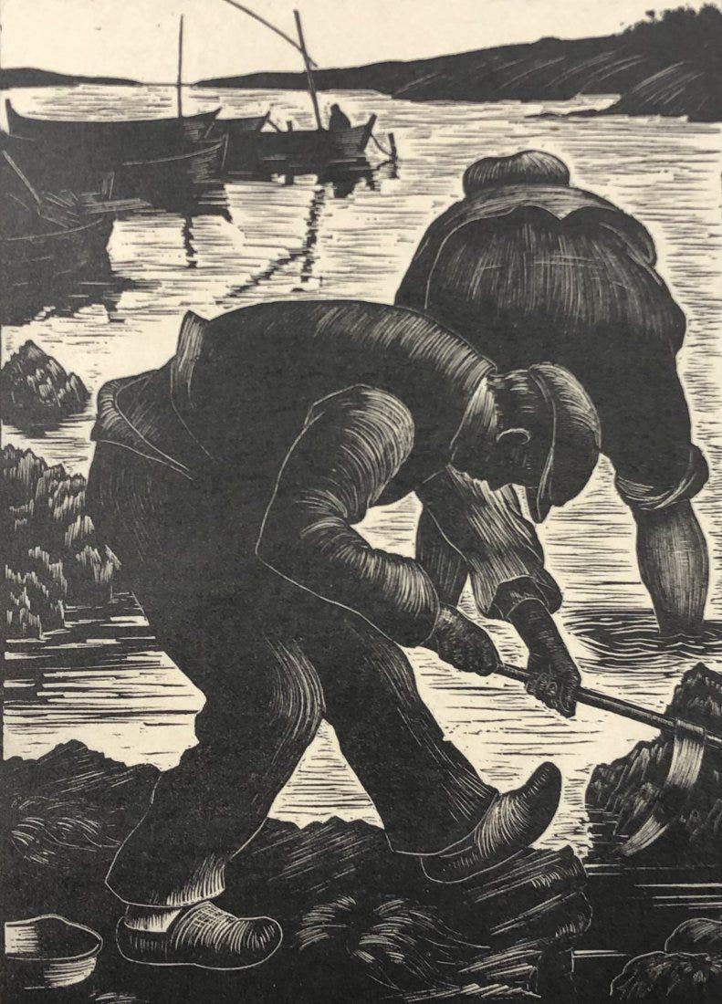 Clare Leighton (Mussel Gatherers) Woodcut: CLARE LEIGHTON (1898-1989) Mussel Gatherers Woodcut on paper 6"x 4 1 1/2"