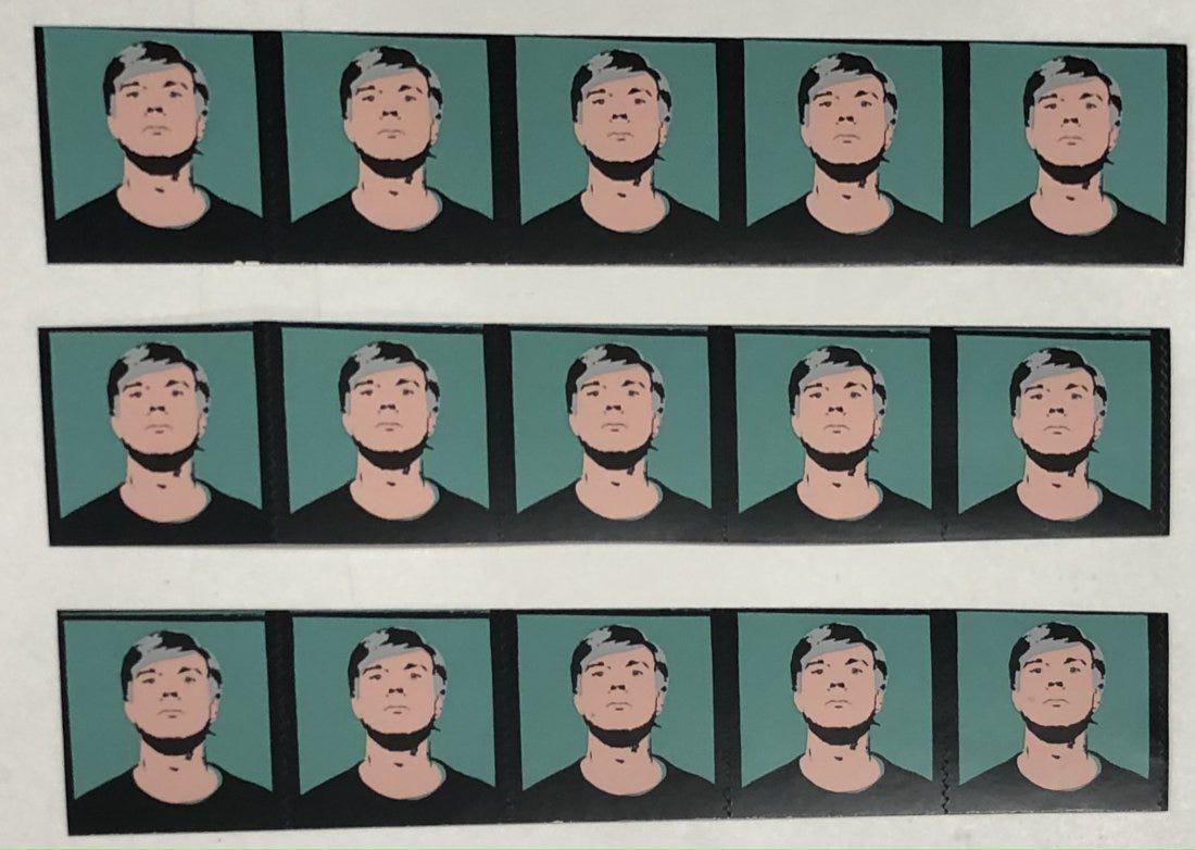 Grouping of 15 Andy Warhol Stamps: 3 single sheets with 5 stamps each