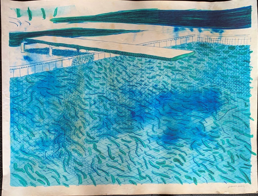 David Hockney Pencil Signed Colored Print: DAVID HOCKNEY (B. 1937) Water with Thick Lines and Thin Lines, A Green Wash, A Light Blue Wash Colored print on heavy art paper 28" x 36" Signed lower side in pencil