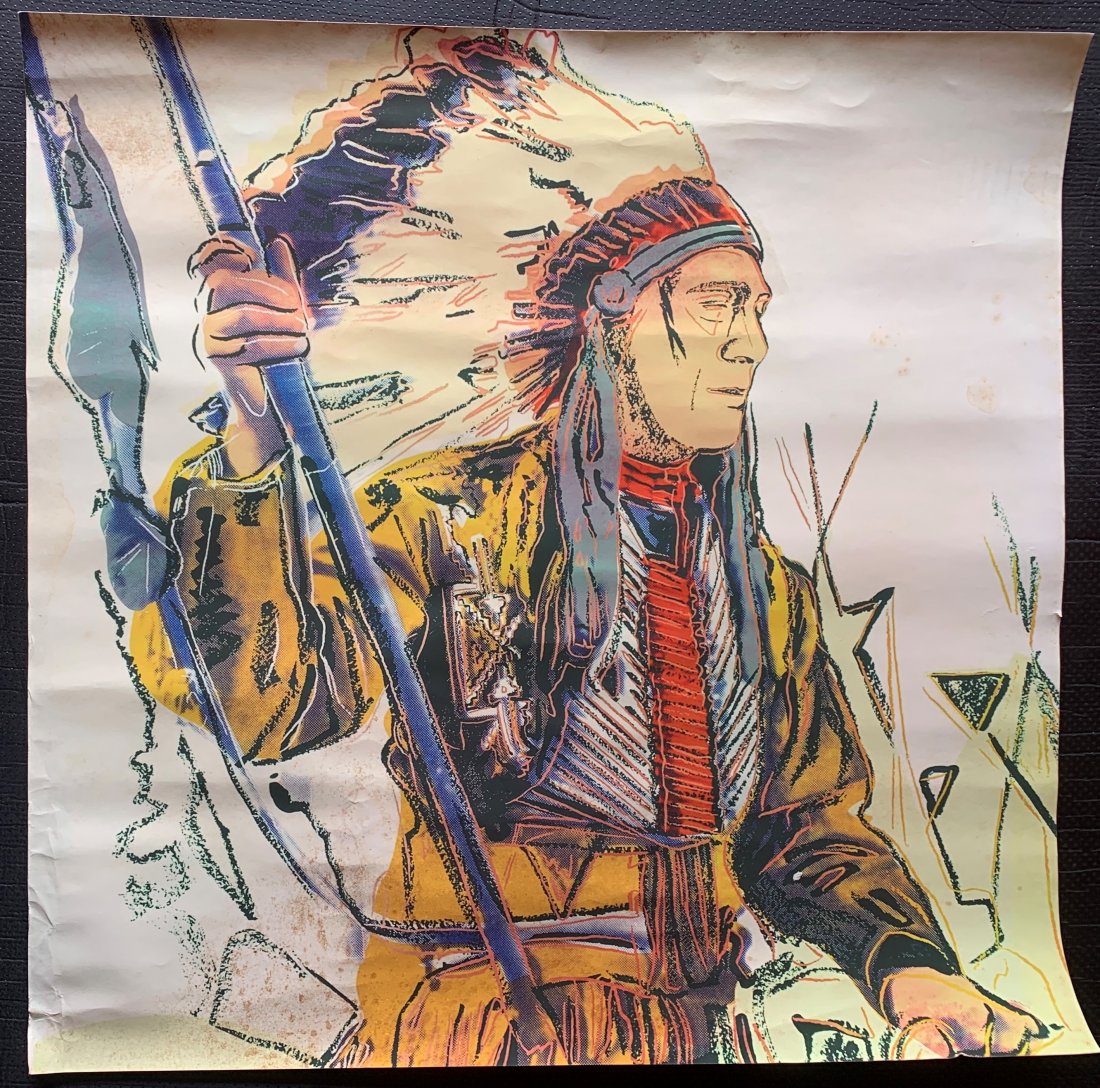 After Andy Warhol (Bonnet Indian) Print on Heavy Paper: AFTER ANDY WARHOL (1928-1987) War Bonnet Indian Print in colors on Heavy paper 37 1/2" x 37 3/4" Sealed, stamped to verso "Leo Castelli Gallery" "Andy Warhol"