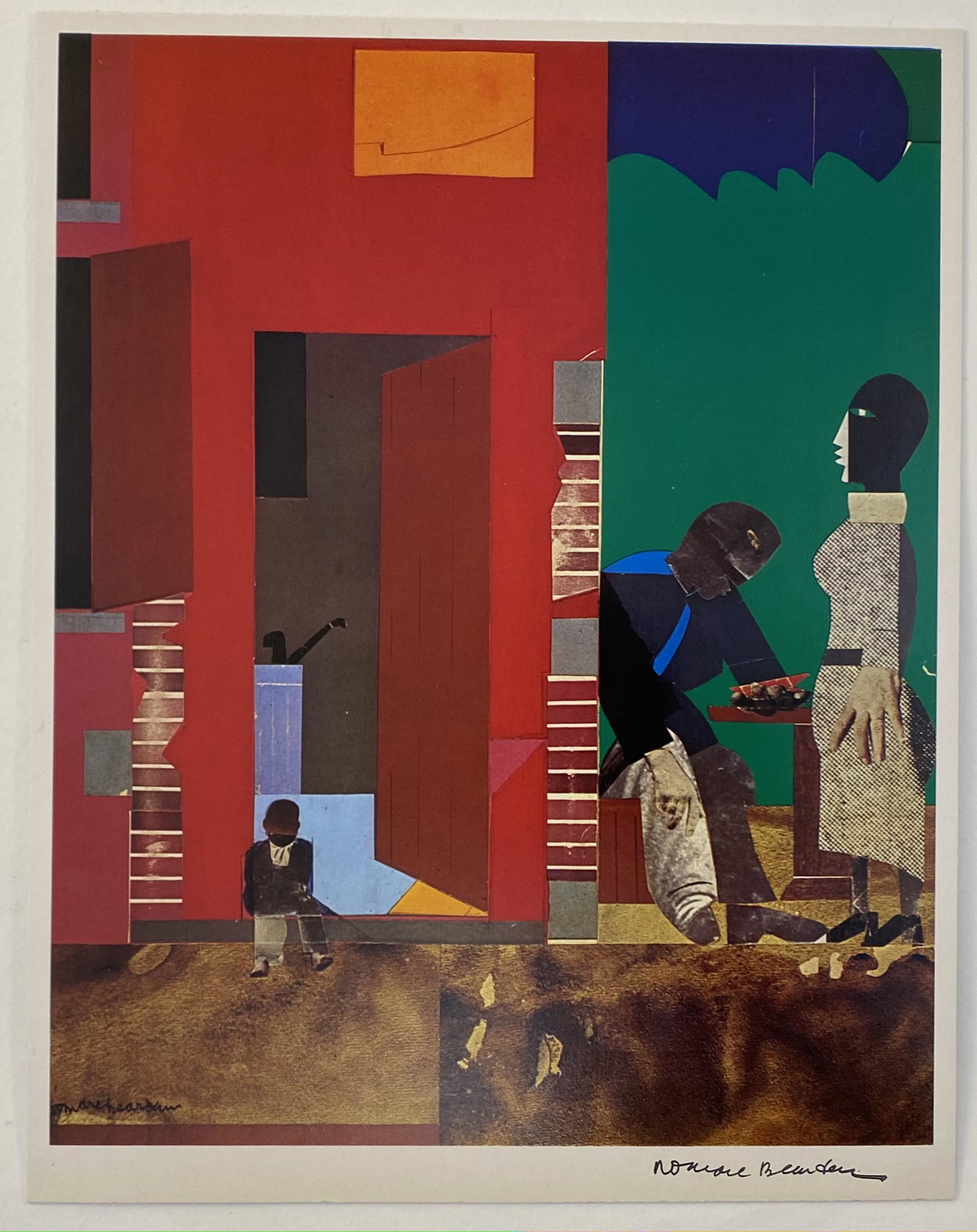 Romare Bearden Pencil Signed Offset Lithograph: ROMARE BEARDEN (1911-1988) Colored offset lithograph Mounted to same size cardstock Signed lower right side in pencil Measures 10 x 12.5 inches