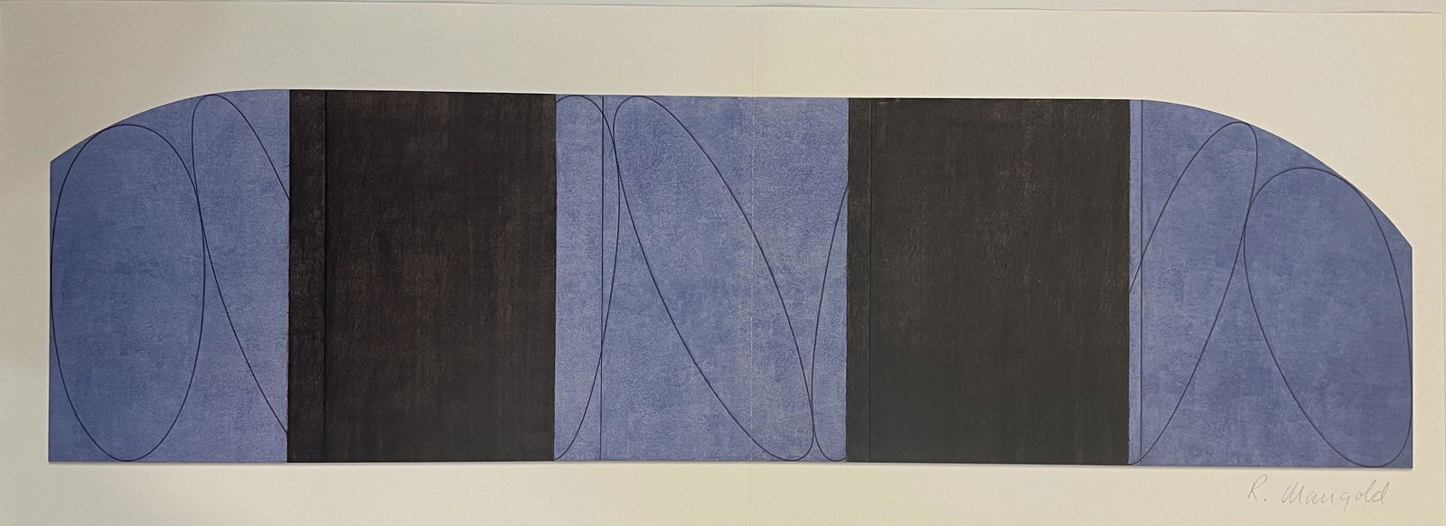 Robert Mangold Hand Signed Colored Print: ROBERT MANGOLD Hand Signed Colored Print 8.5 x 24 inches Signed lower right in pencil Mounted to same size cardstock