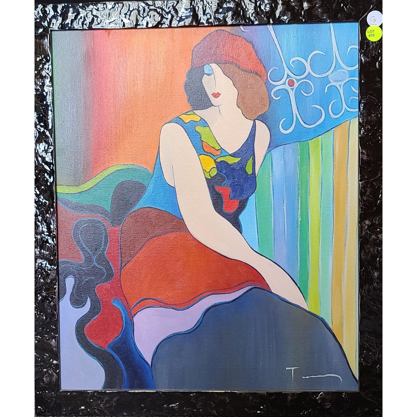 Itzchak Tarkay Oil on Canvas Painting Seated Woman: Itzchak Tarkay Oil on Canvas Painting Seated Woman, signed lower right. Measures 23" by 27" overall.