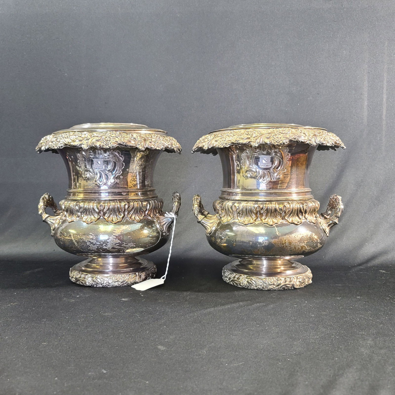 Beautiful Pair of Antique Wine/Champagne Coolers: Beautiful Pair of Silver plated Antique Wine/Champagne Coolers. They each measure 9 3/4" wide by 10 1/2" tall.