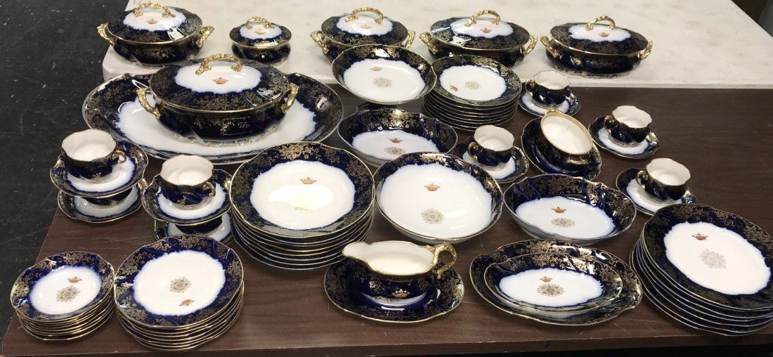 79 PC COBALT BLUE SEVRES LIMOGES MARQUIS ROYAL FAMILY: 79 PC COBALT BLUE SEVRES LIMOGES MARQUIS ROYAL FAMILY DINNERWARE SET MARTIN FRERES & BROS. CROWN MARK FROM MARQUIS FRENCH ROYAL FAMILY. MOST PIECES ARE MARKED BOTH WITH SEVRES MARK AND THE MARTIN FRER