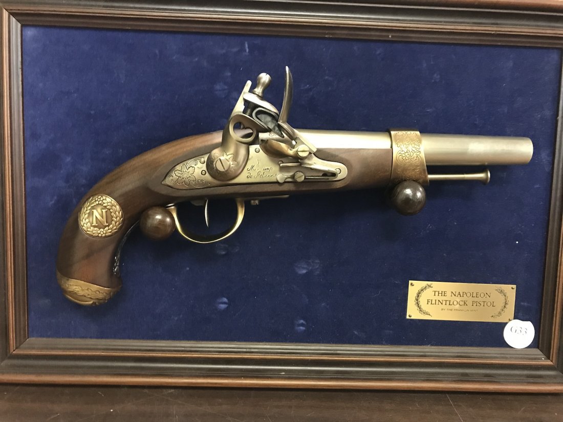 Napoleon Flintlock Pistol Franklin Mint Replica: Napoleon Flintlock Pistol Franklin Mint Replica. The gun cocks and actually strikes the plate with the flint and sparks. It is a replica and not made to fire. Presentation plaque is included.
