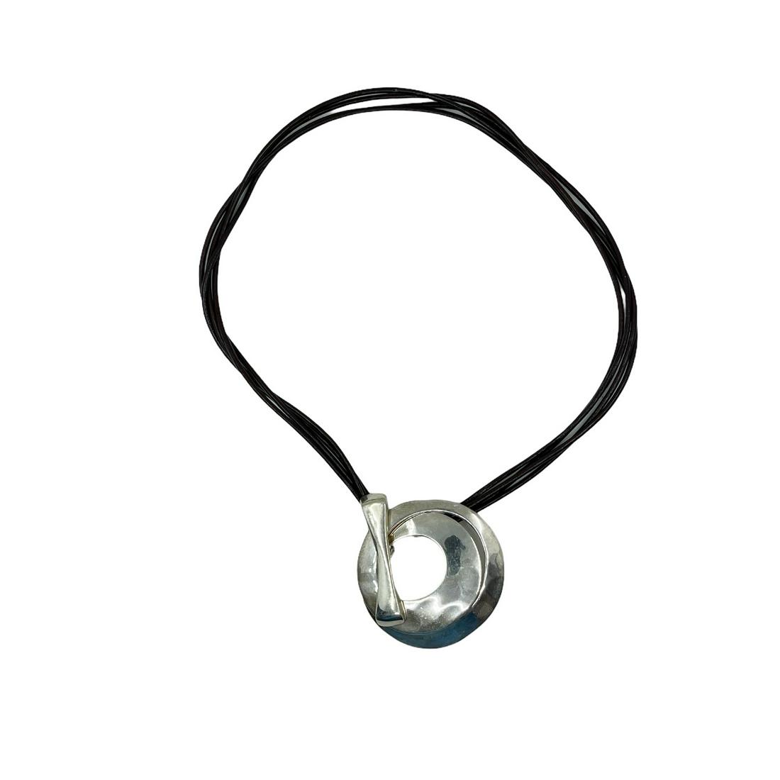 RLM ROBERT LEE MORRIS leather silver necklace: Measurements: 20" Long Material: silver over bronze Signed: Robert Lee Morris Bronze Condition: like new Circa - 2000