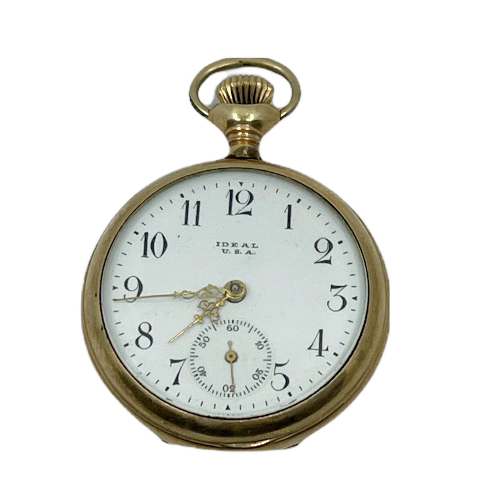 IDEAL USA 14k Gold Filled ladies pocket watch: Watch Measures: 1 3/4" long ( including the crown) by 1 3/8" wide Condition: good but need to be service
