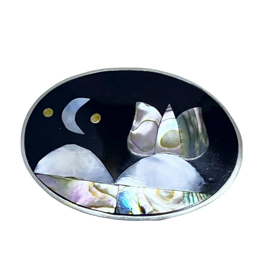 alpaca abalone inlay brooch pendant: measures: 1 5/8" long by 1 1/8" Wide gemstone: shell, abalone inlay condition: good