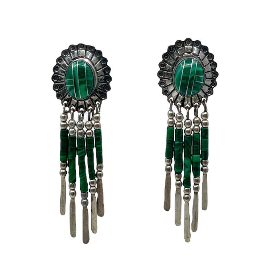 Zuni sterling silver malachite earrings: Measures: 2" L x 5/8" W Gemstones: malachite Material: sterling silver Signed: sterling Condition: good