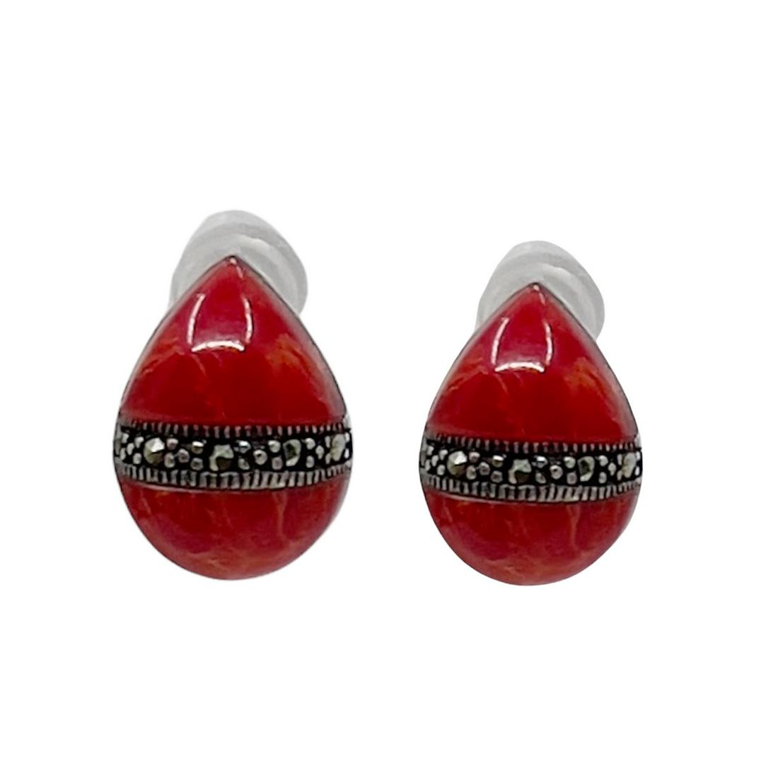 Sterling Silver Coral & Marcasite Earrings: Measurements: 1/2” long Gemstone: sponge coral & marcasite