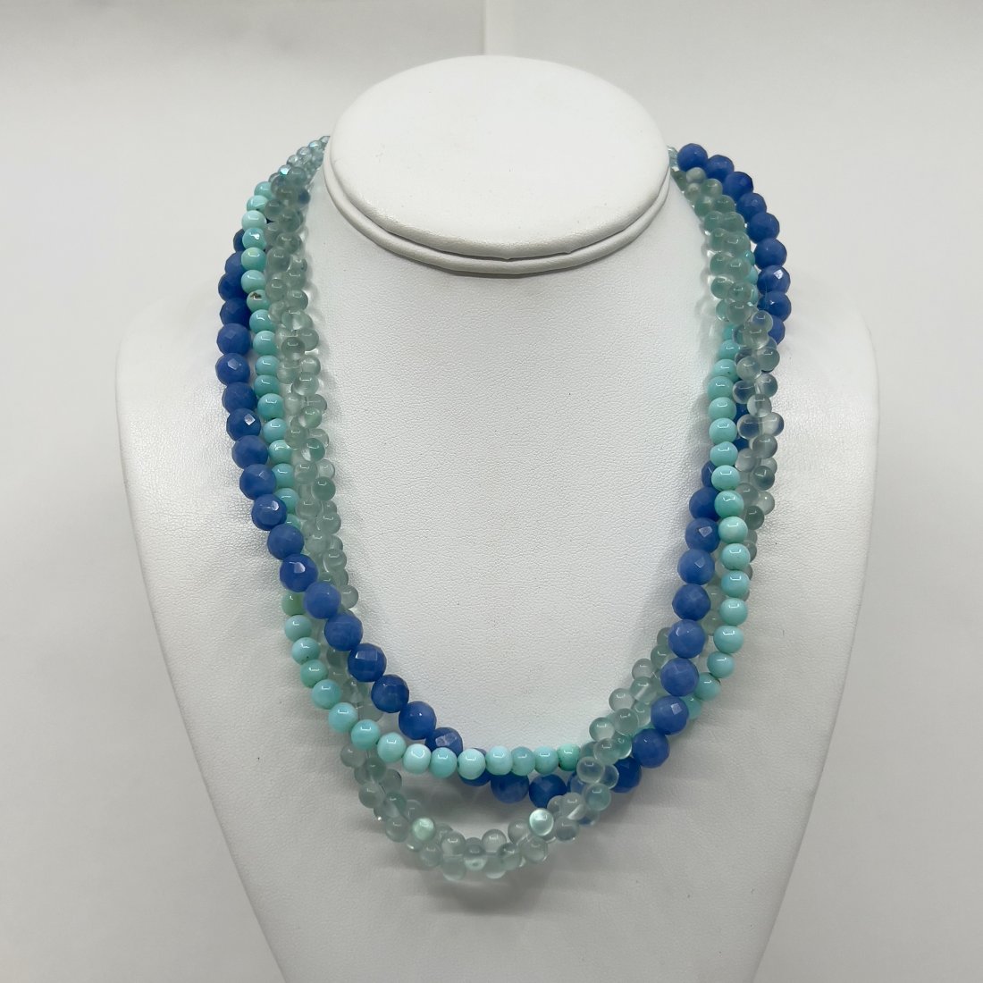 sterling silver Larimar, chalcedony & glass bead necklace: Measures: 20" long Crafted with 4mm crystal, 10mm bone glass, 8mm chalcedony & 6mm Larimar beads Signed: 925 In good Pre-owned condition
