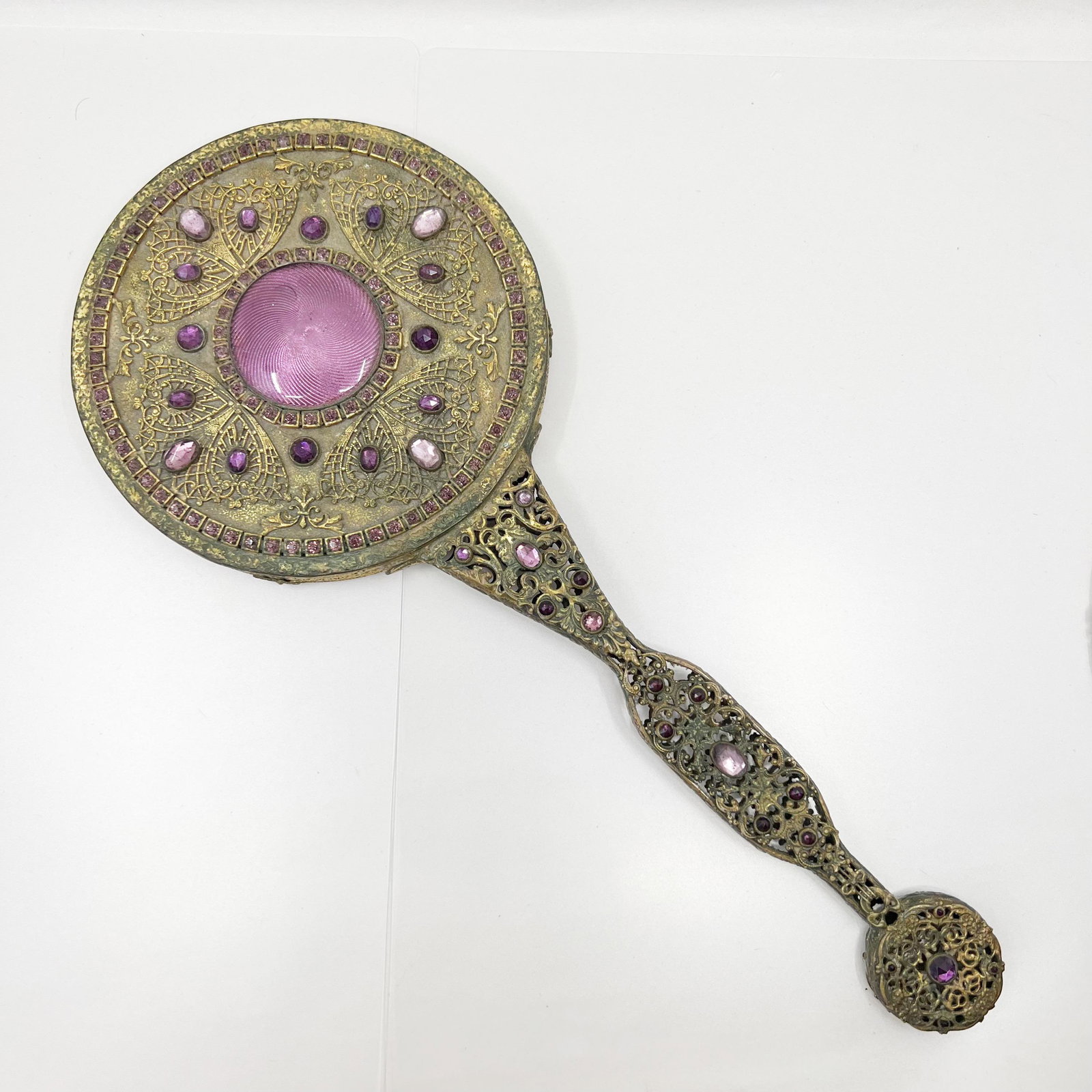 E & JB Inc. Jeweled Empire Brass Vanity Mirror: Measures: 14 1/2" long by 6" wide Condition: good need to be cleaned the bottom bangle has candle wax