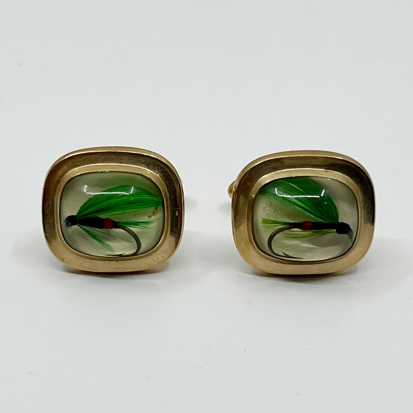 HAYWARD gold filled fly fishing lures cufflinks: Measures: 3/4" long by 5/8" wide In good pre-owned condition
