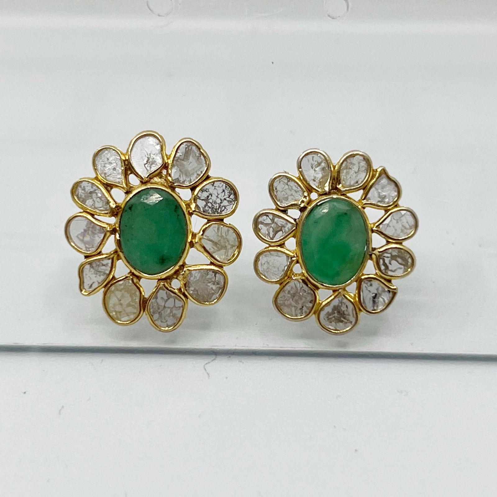 Gold vermeil sterling silver emerald & polki diamond earrings (1 of 5)