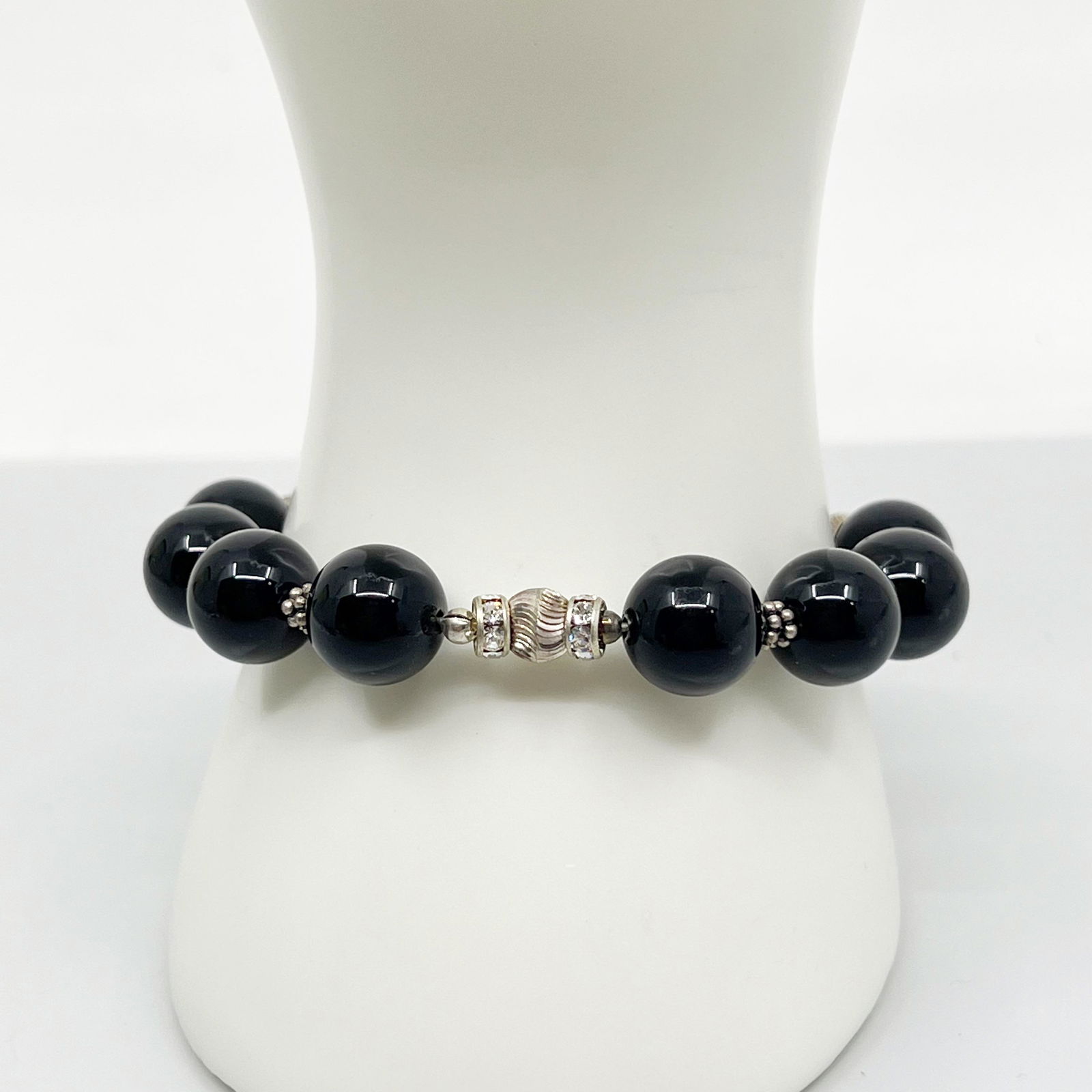 sterling silver onyx bead & crystal stretch bracelet (1 of 4)