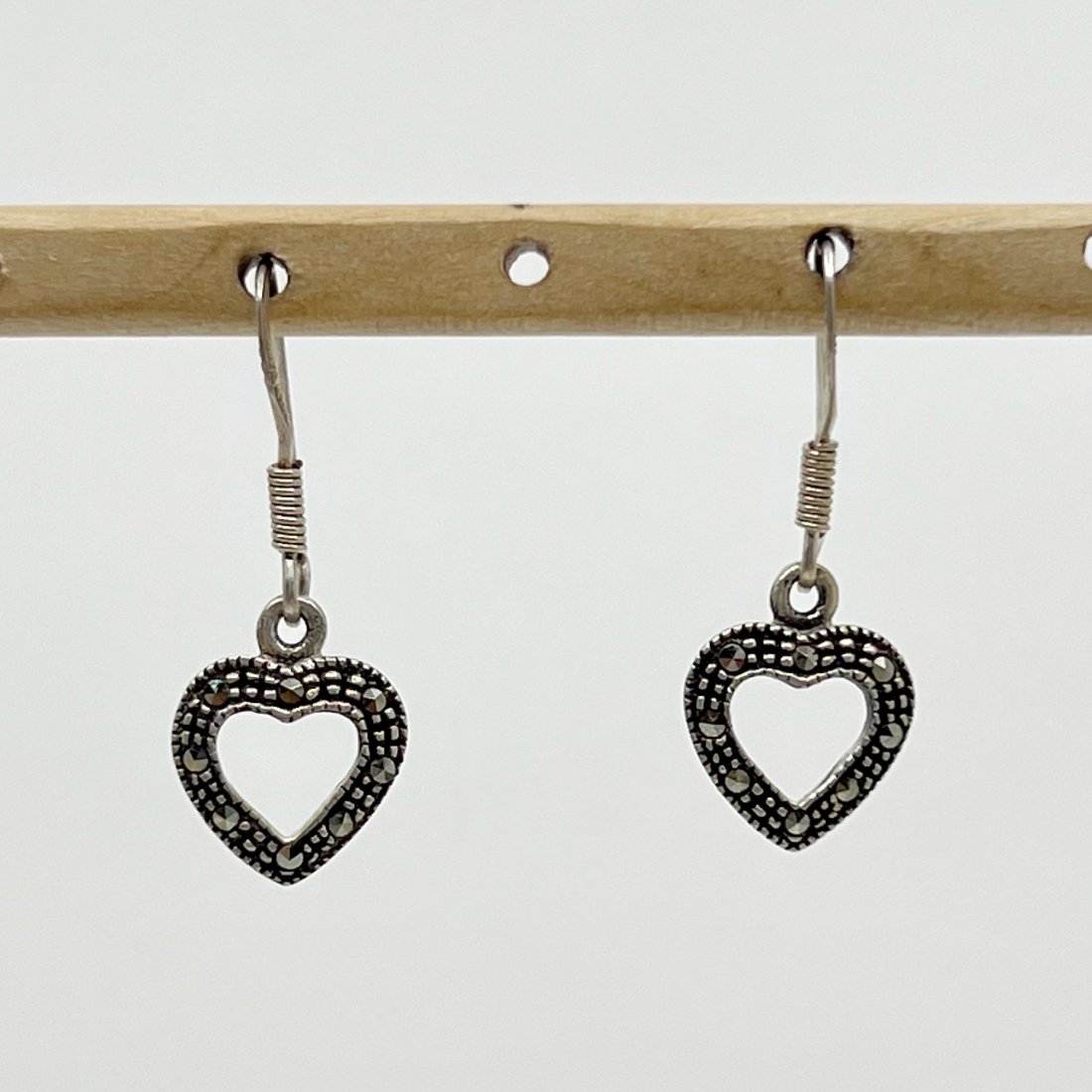 sterling silver marcasite open heart earrings: Measures: 1 1/8" long by 3/8" wide Gemstone: marcasites Condition: like new SKU-291
