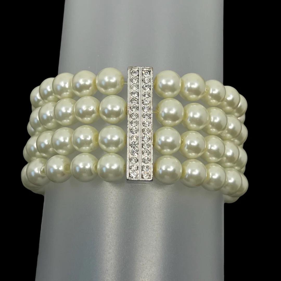 silver tone pearl & rhinestone stretch bracelet (1 of 4)