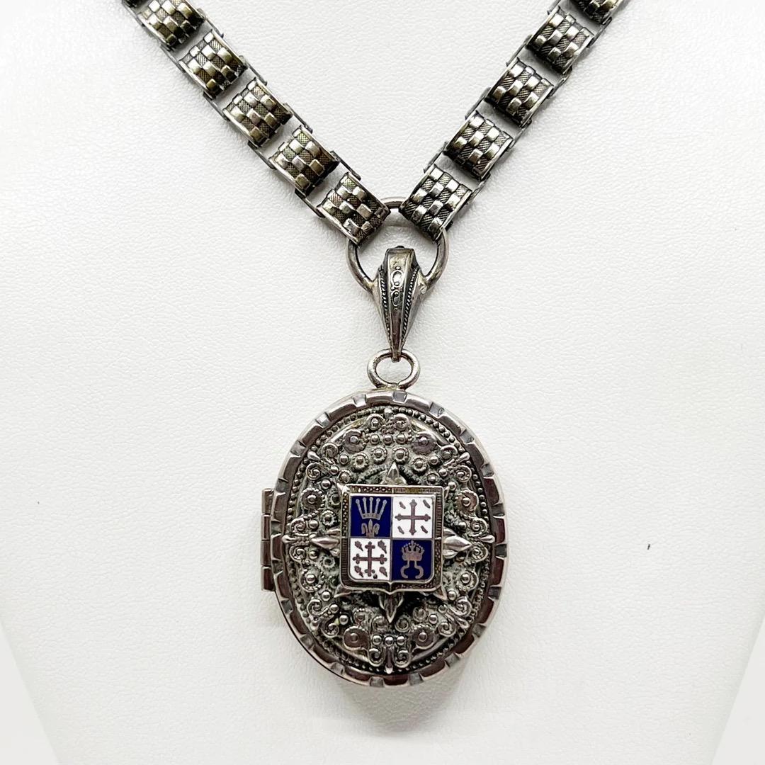 Vintage Victorian Revival French Coat of Arms locket with book chain silver necklace (1 of 7)