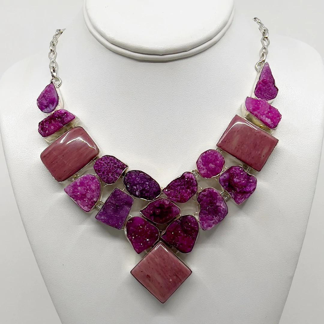 silver plated rhodochrosite & druzy quartz necklace (1 of 3)