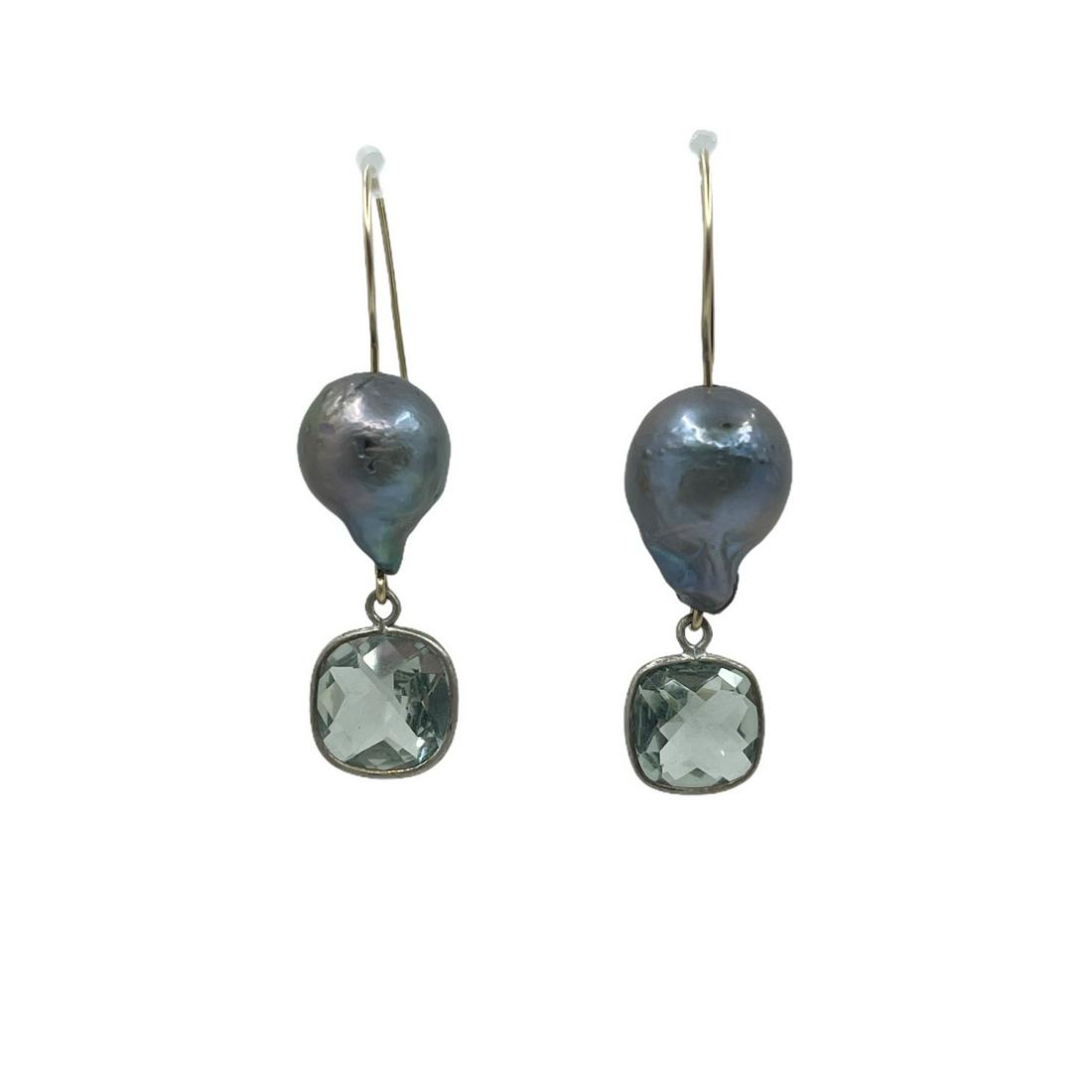 Gold vermeil sterling silver baroque pearl & prasiolite earrings: Measures: 2" Long by 1/2" Wide Gemstones: baroque pearl & Prasiolite Material: gold vermeil & sterling silver Condition: new SKU-34