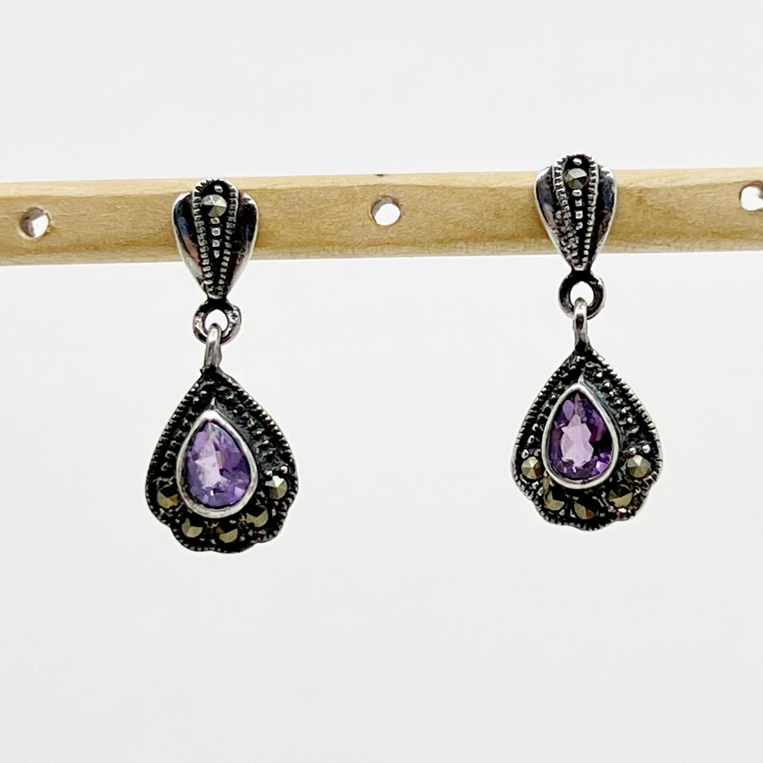 Sterling silver amethyst & marcasite earrings (1 of 2)