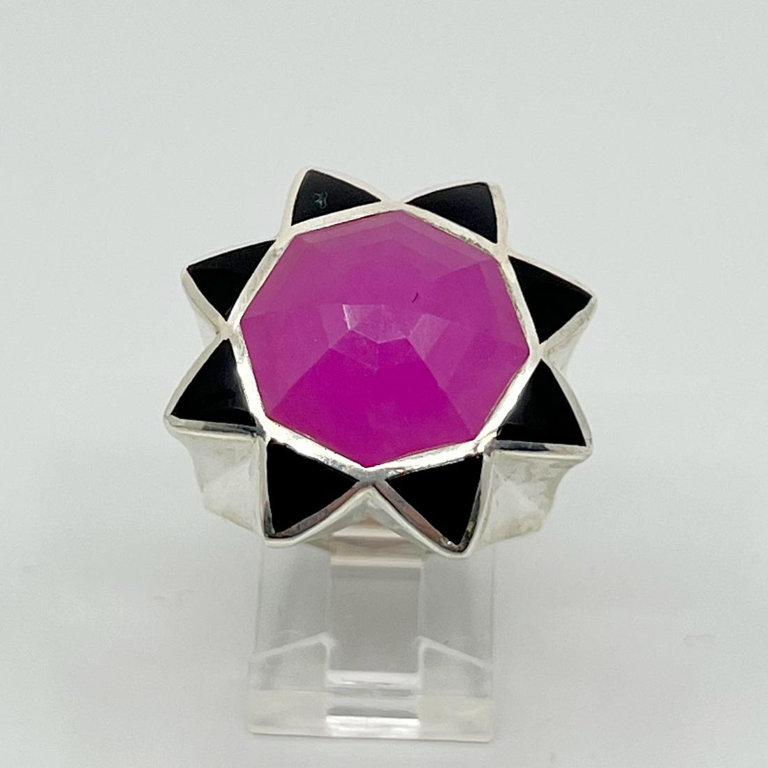 STEPHEN WEBSTER sterling silver enamel ruby ring: Measurements: 1" Wide Size: 7 Gemstones: 16mm unheated ruby Material: sterling silver & enamel Signed: 925 & STEPHEN WEBSTER hallark Condition: like new SKU-176