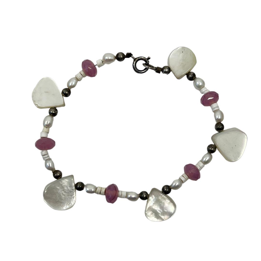 Sterling silver mother of pearl & glass bead bracelet: Measures: 7 1/2" long Gemstone: mother of pearl, cultured pearl, glass & sterling silver beads Signed: 925 Condition: good SKU-620