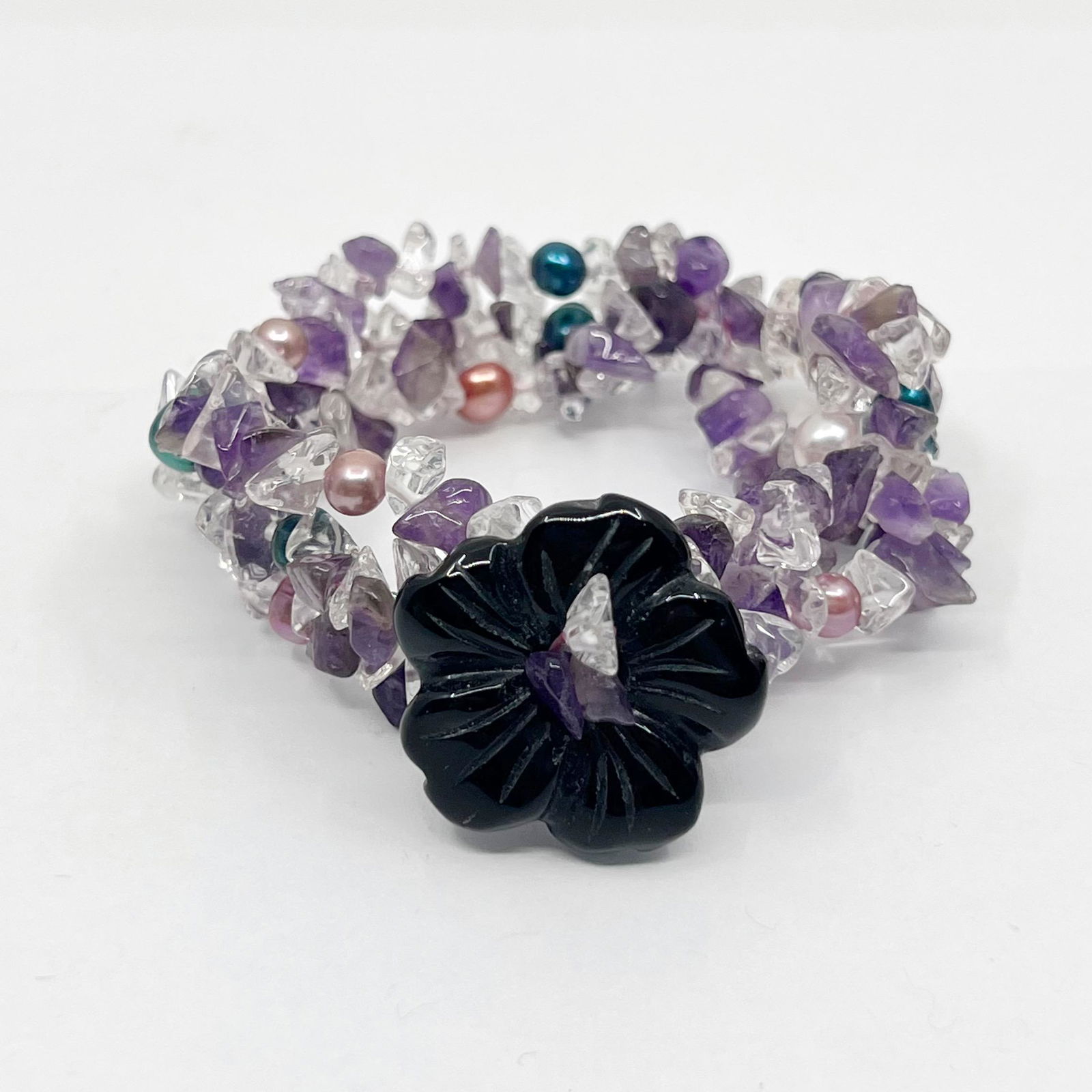 amethyst pearl quartz & onyx flower bracelet (1 of 3)
