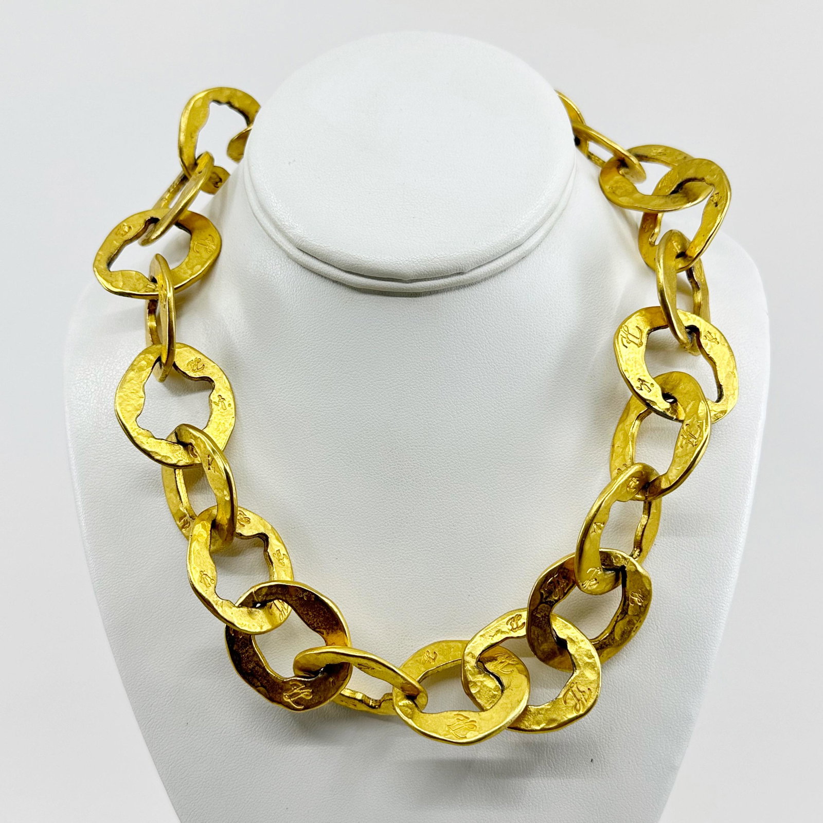Karl Lagerfeld gold cast metal link chain necklace: Measures: 19" long by 1 1/8" wide Hallmark: KL monogram Condition: like new SKU-1203