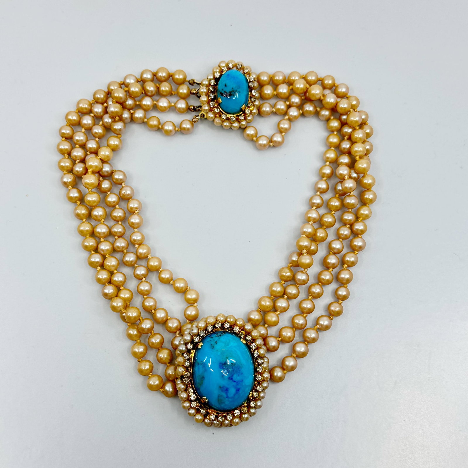Vintage gold tone pearl, rhinestone & Czech Turquoise Glass cabochon necklace: Measures: 14 1/2" long crafted with faux pearls, Czech turquoise cabochon glass & rhinestones Hallmark: N/A Condition: like new SKU-1207