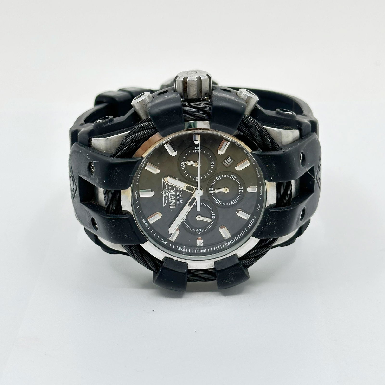 Invicta bolt sport black chronograph men's watch model no 23855: watch will fit a 7 1/2" wrist case measures: 49mm wide with crown by 56mm from lug to lug Movement: battery Model: invicta bold sport model no 23855 Material: stainless steel <