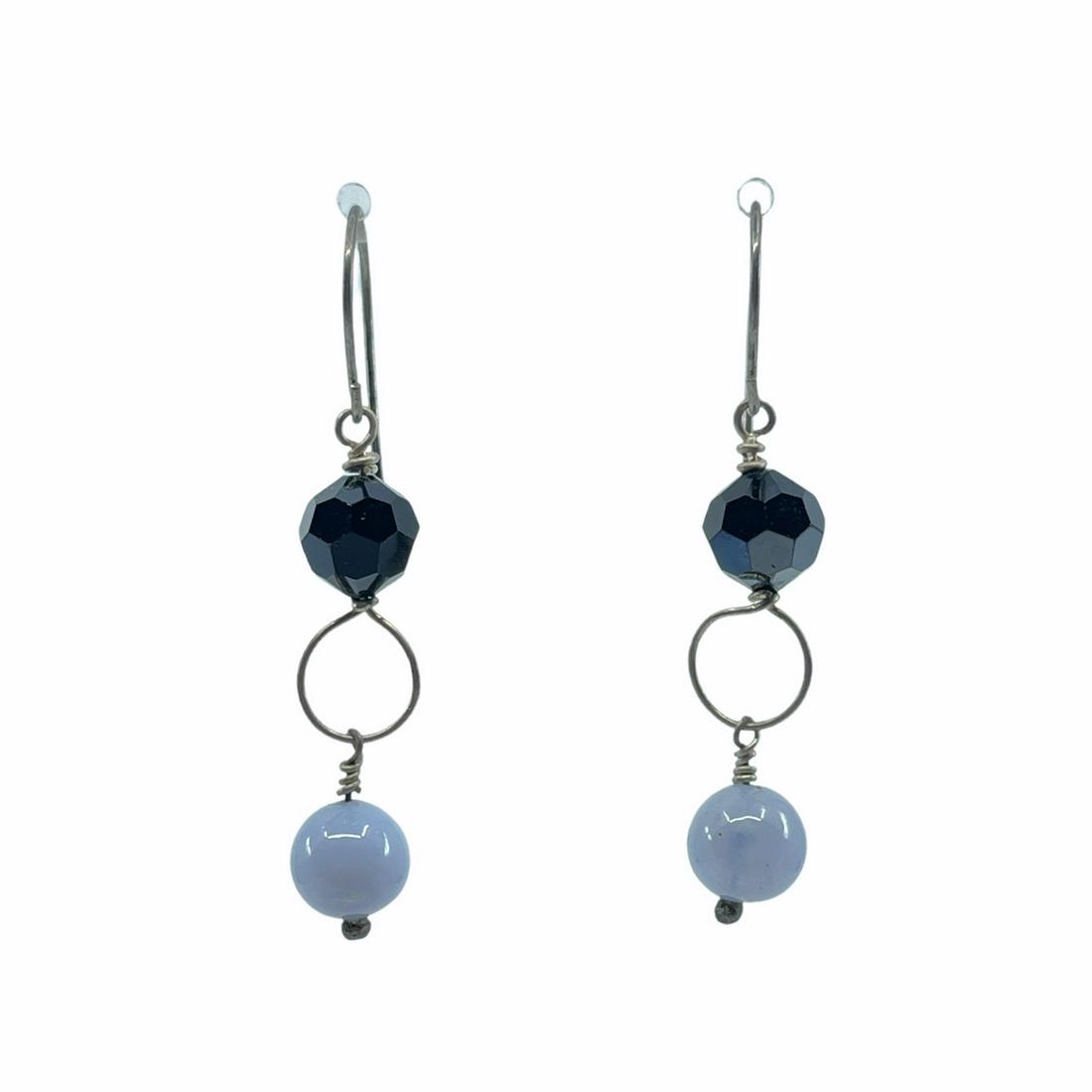 Hand Made sterling silver onyx agate earrings: Measurements: 1 3/4" Long Gemstone: onyx & blue lace agate Material: sterling silver Condition: new SKU-241