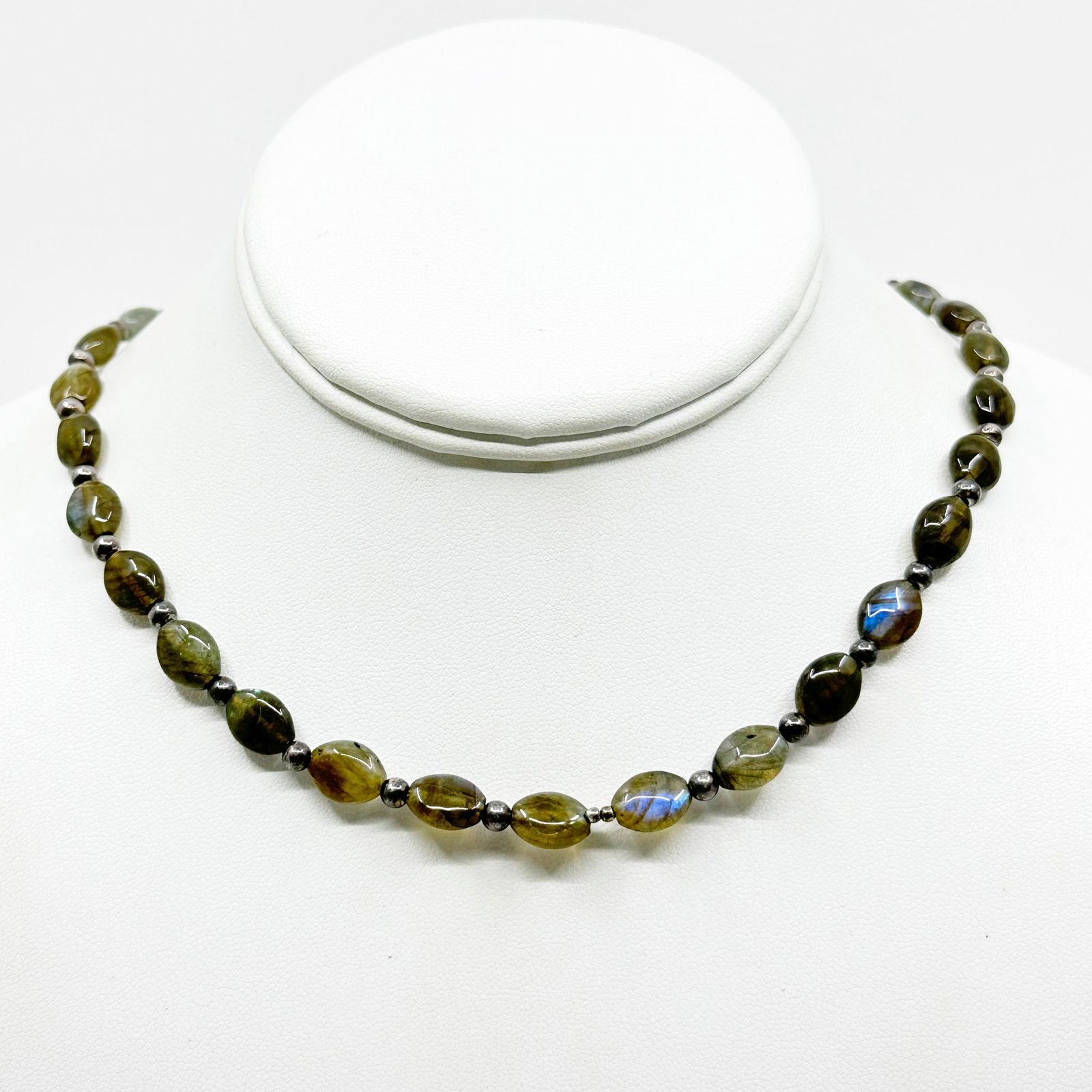 Peyote Bird Sterling silver labradorite bead necklace: chain: 18" long with a 2" long chain extender Crafted with 11x8mm labradorite beads & 4mm sterling silver beads Hallmark: 925 Peyote Bird condition: Like New SKU-588</
