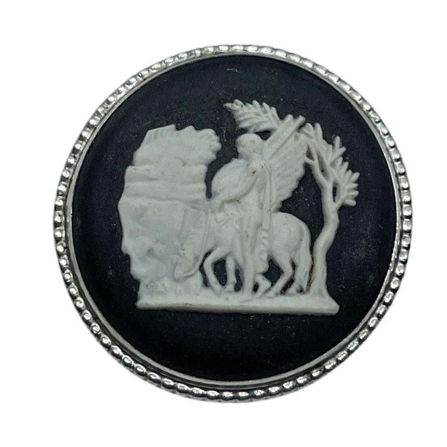 WEDGWOOD black Jasperware sterling silver cameo brooch: Measures: 1 1/2” wide signed: L77 Wedgwood Made in England silver condition: like new SKU-656