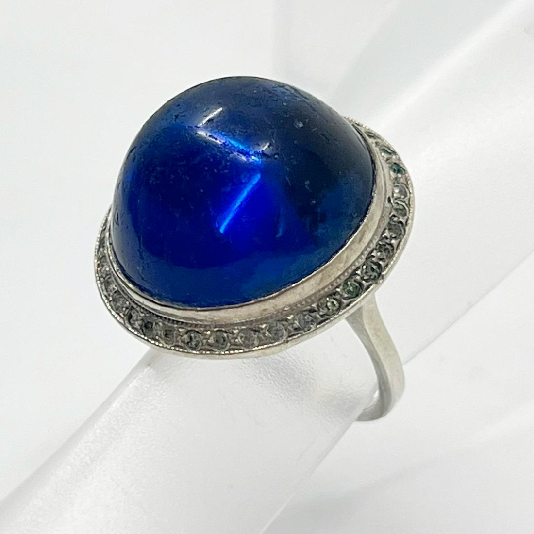 Art Deco Sterling silver sapphire glass cabochon & rhinestone ring (1 of 3)