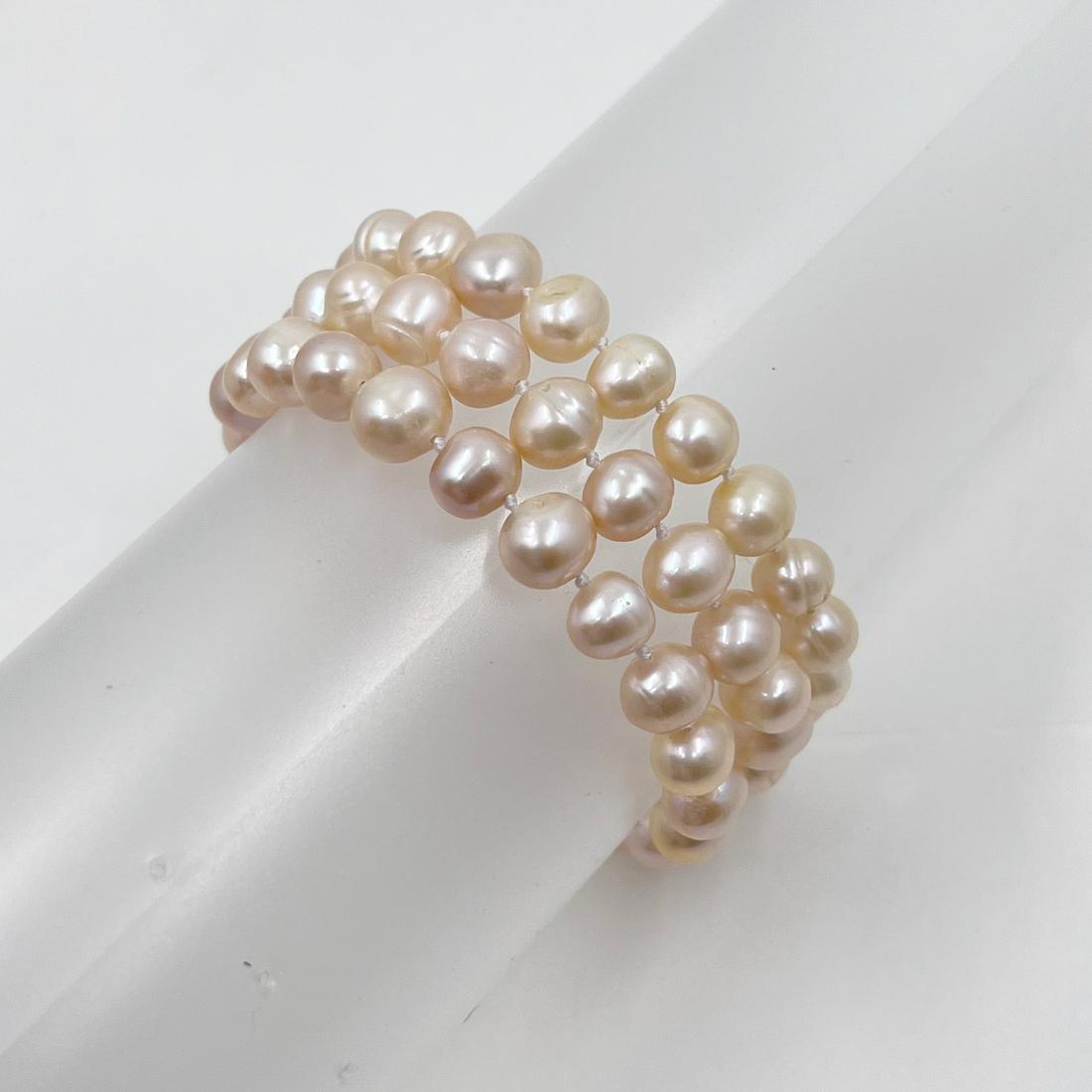 3 strand freshwater cultured peach pearl silver tone bracelet (1 of 3)