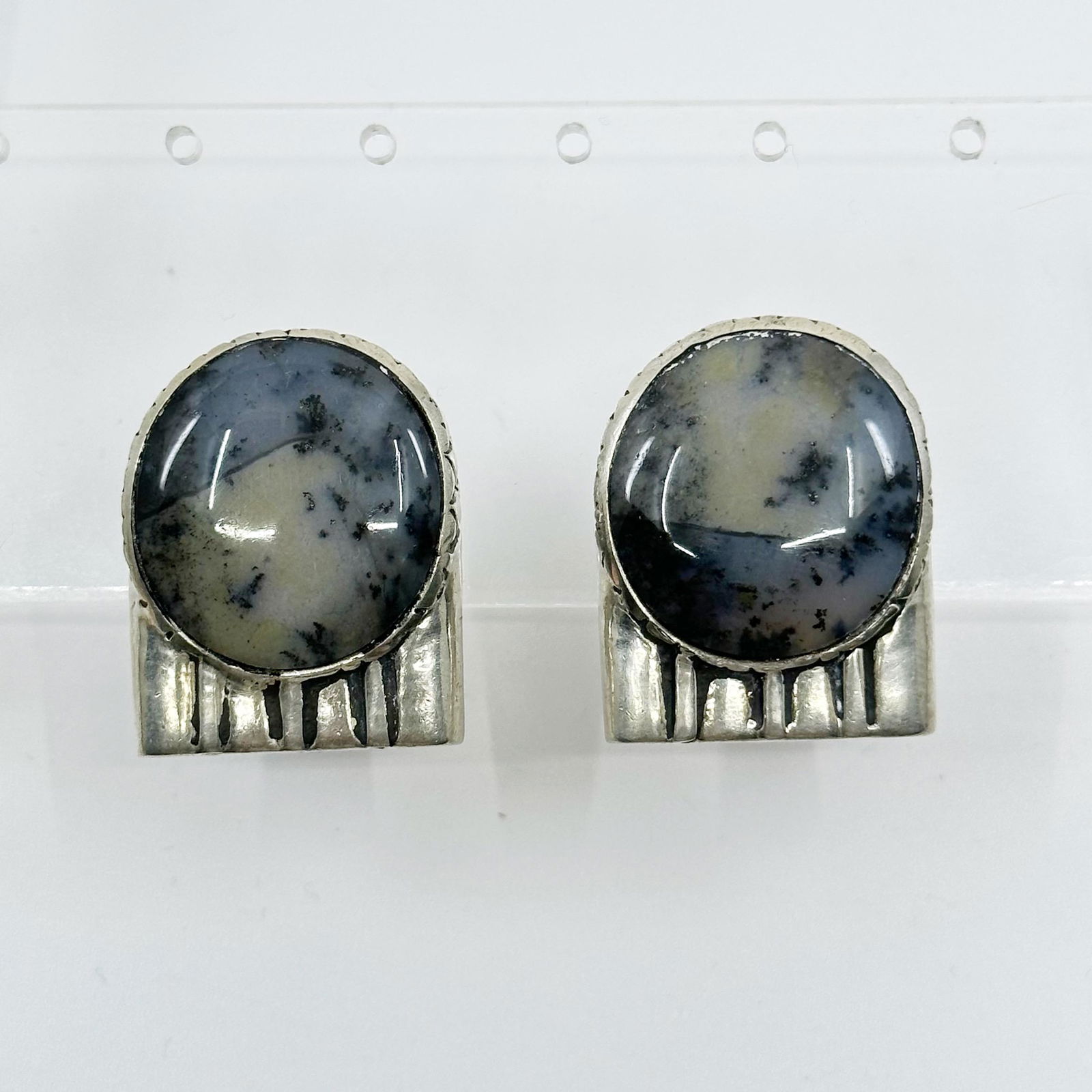 Dian Malouf sterling silver moss agate clip on earrings (1 of 5)
