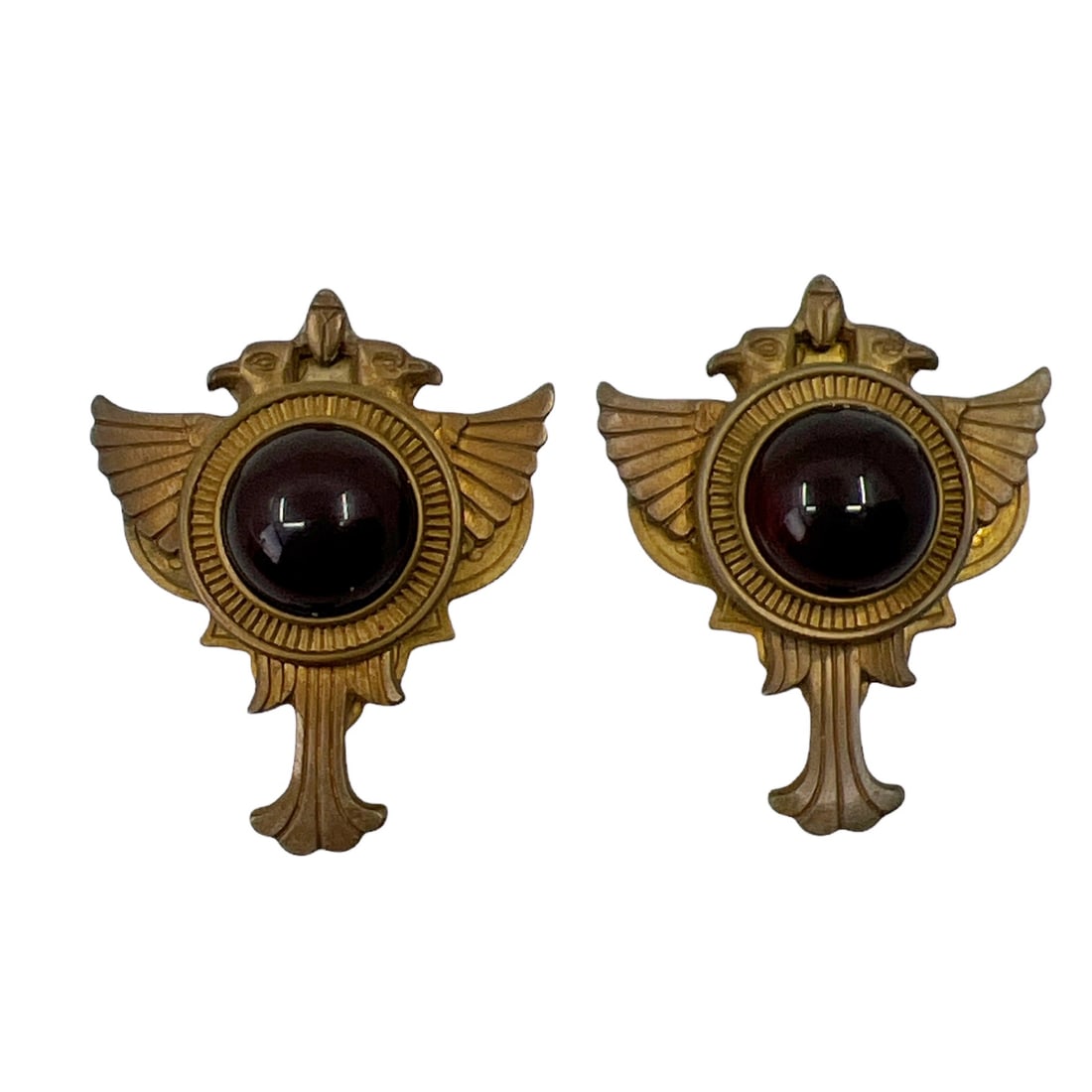 Vintage Egyptian Motif Lucite Earrings: Measurements: 1 3/4” long crafted with cherry amber lucite Condition: good SKU-1722