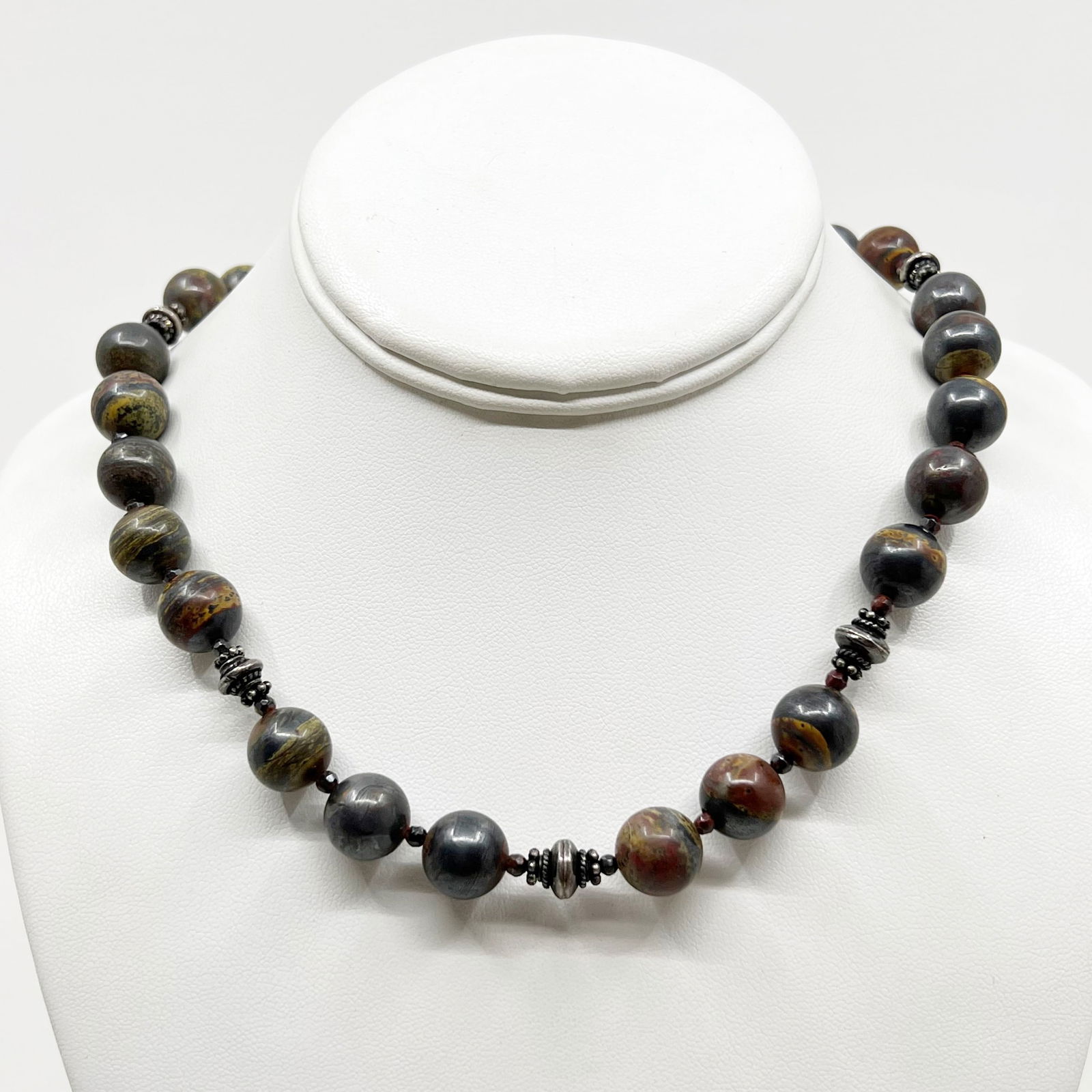 Sterling silver 12mm jasper bead necklace: Measurements: 22 1/2" Long Gemstone: 12mm jasper & 5mm to 8mm sterling silver beads Material: sterling silver Condition: like new SKU-420