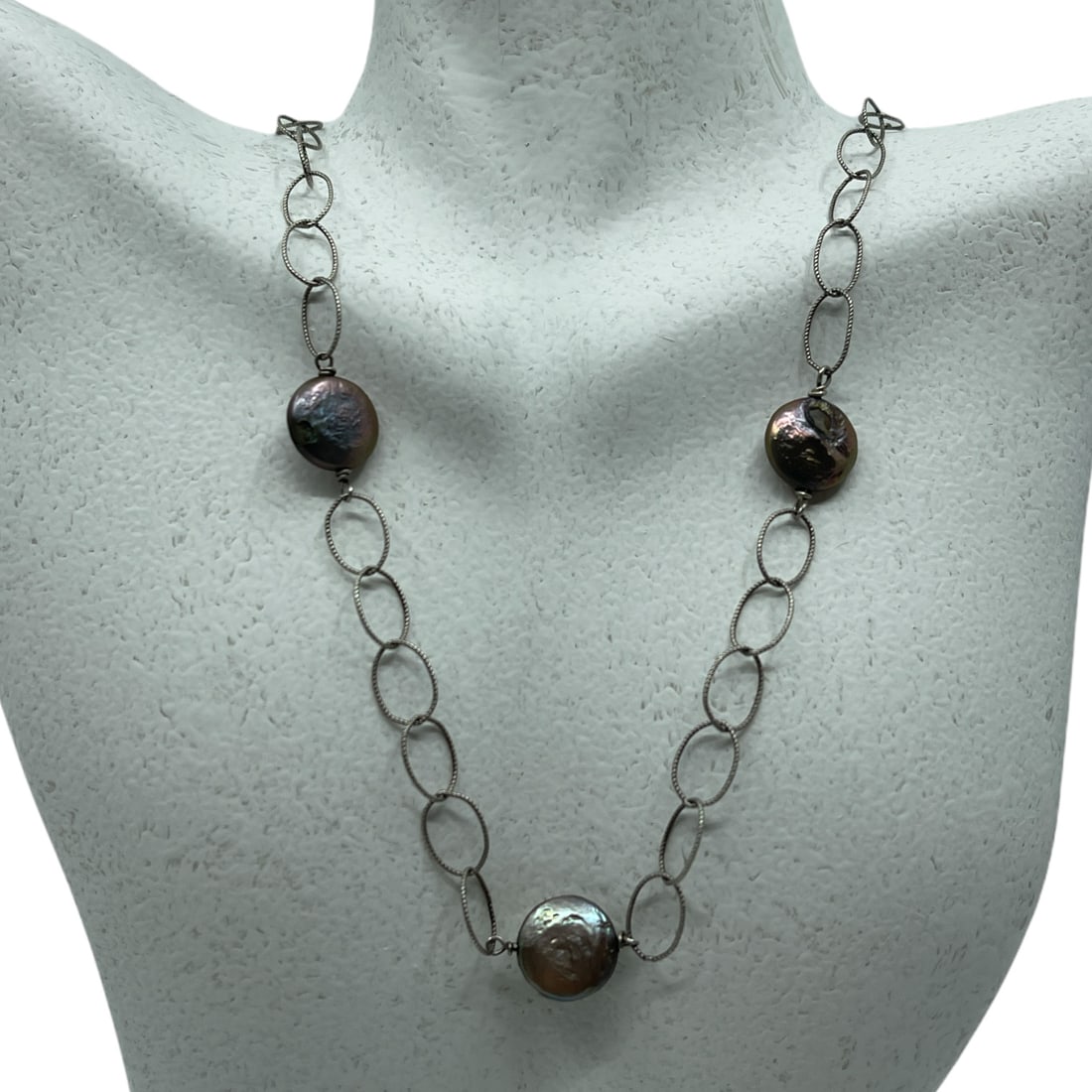 Germau Sterling Silver grey coin pearl necklace: Measurements: 24” long Gemstone: 11mm coin pearl Material: sterling silver Signed: 925 condition: like new SKU-456