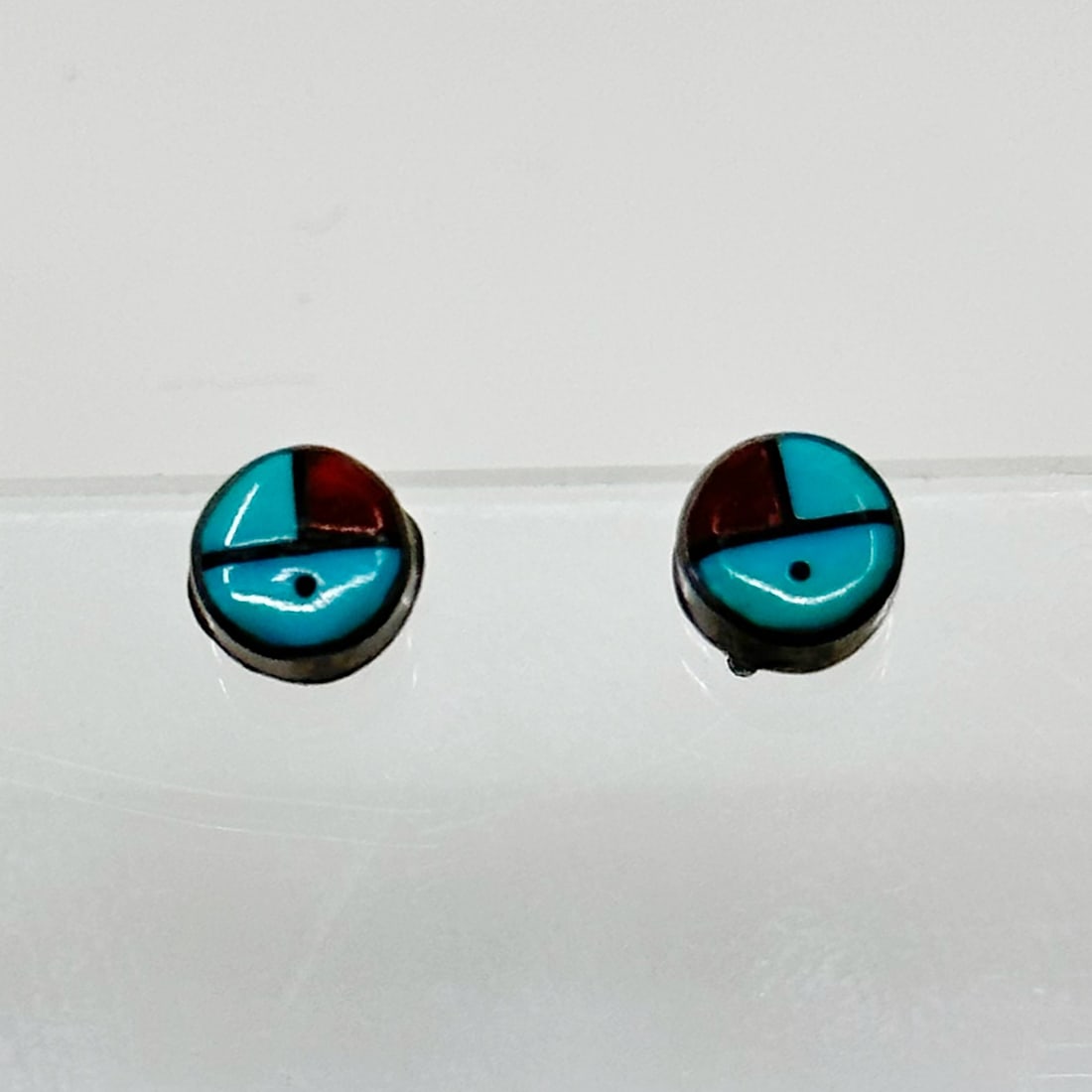 Zuni Sterling silver coral & turquoise inlay stud earrings (1 of 3)
