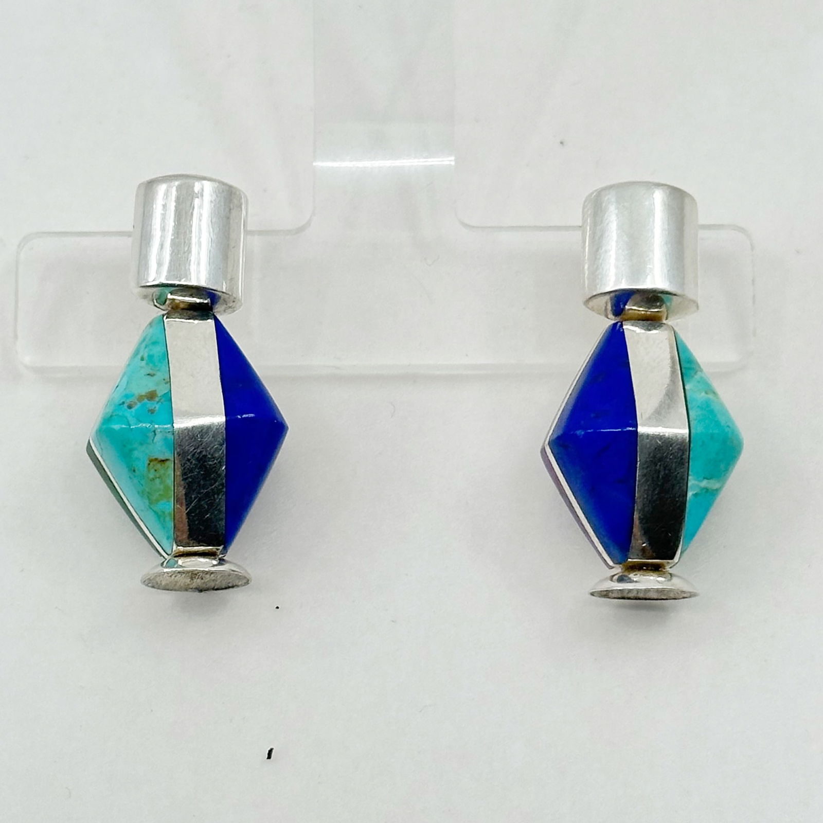 DTR sterling silver Gemstone inlay earrings: Measures: 1 5/16" long by 5/8" wide Crafted with lapis lazuli, turquoise, malachite & purple agate inlay beads Hallmarked: DTR 925 In very good condition Note: this earrings are reversible SKU-500