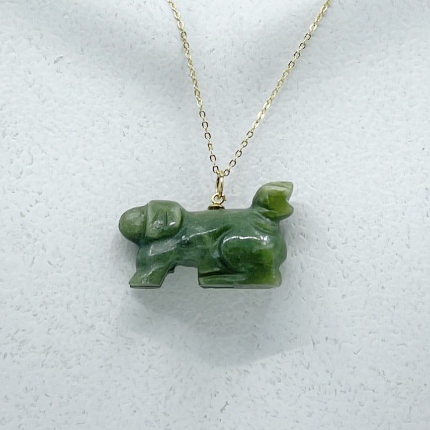 Gold vermeil sterling silver carved dog jadeite necklace (1 of 4)