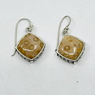 Sterling silver fossil coral earrings: Measures: 1 1/8” long by 5/8" wide Gemstone: 12x12mm fossil coral In very good condition SKU-758