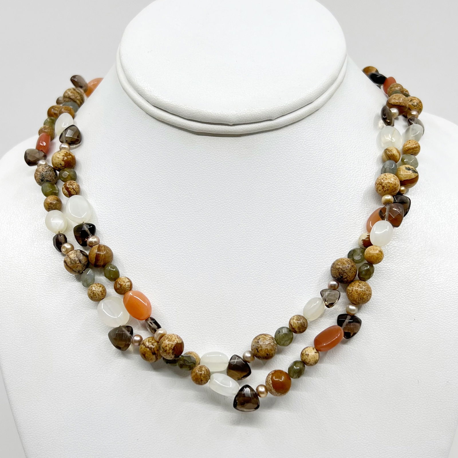 Desert Rose Trading DTR Sterling silver gemstone bead necklace: Measures: 20 1/2" long Gemstone: jasper, pearl, smoky quartz, labradorite & moonstone signed: DTR 925 Condition: Like new SKU-934