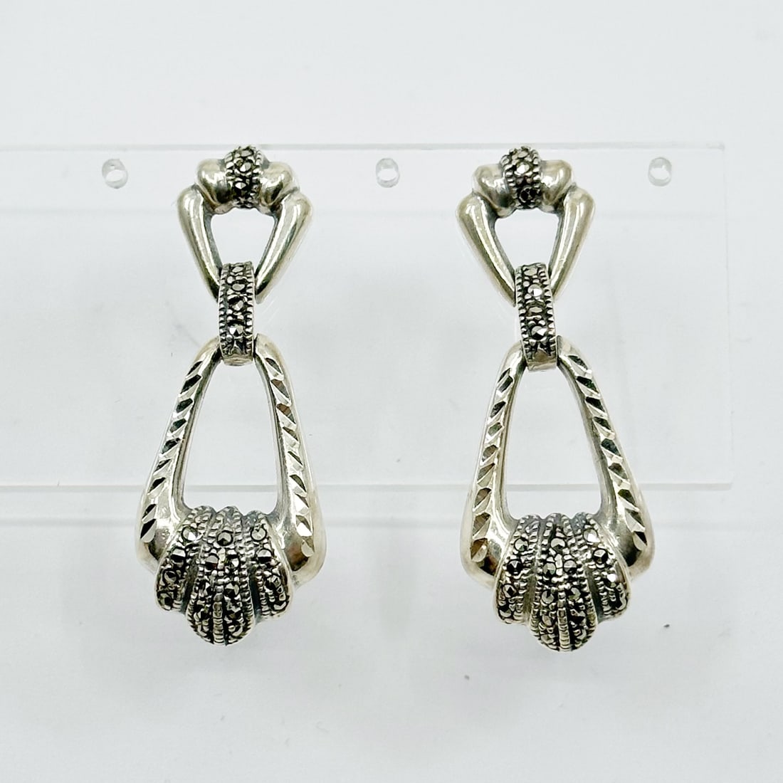 Sterling silver marcasite earrings: Measures: 1 7/8" long 3/4" wide Gemstone: marcasite In good condition SKU-1018