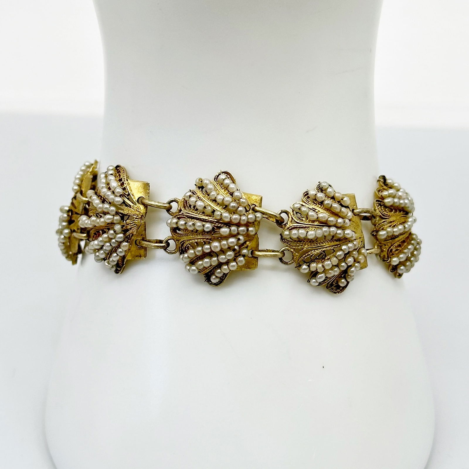 Portuguese gold over 800 silver pearl shell bracelet (1 of 8)