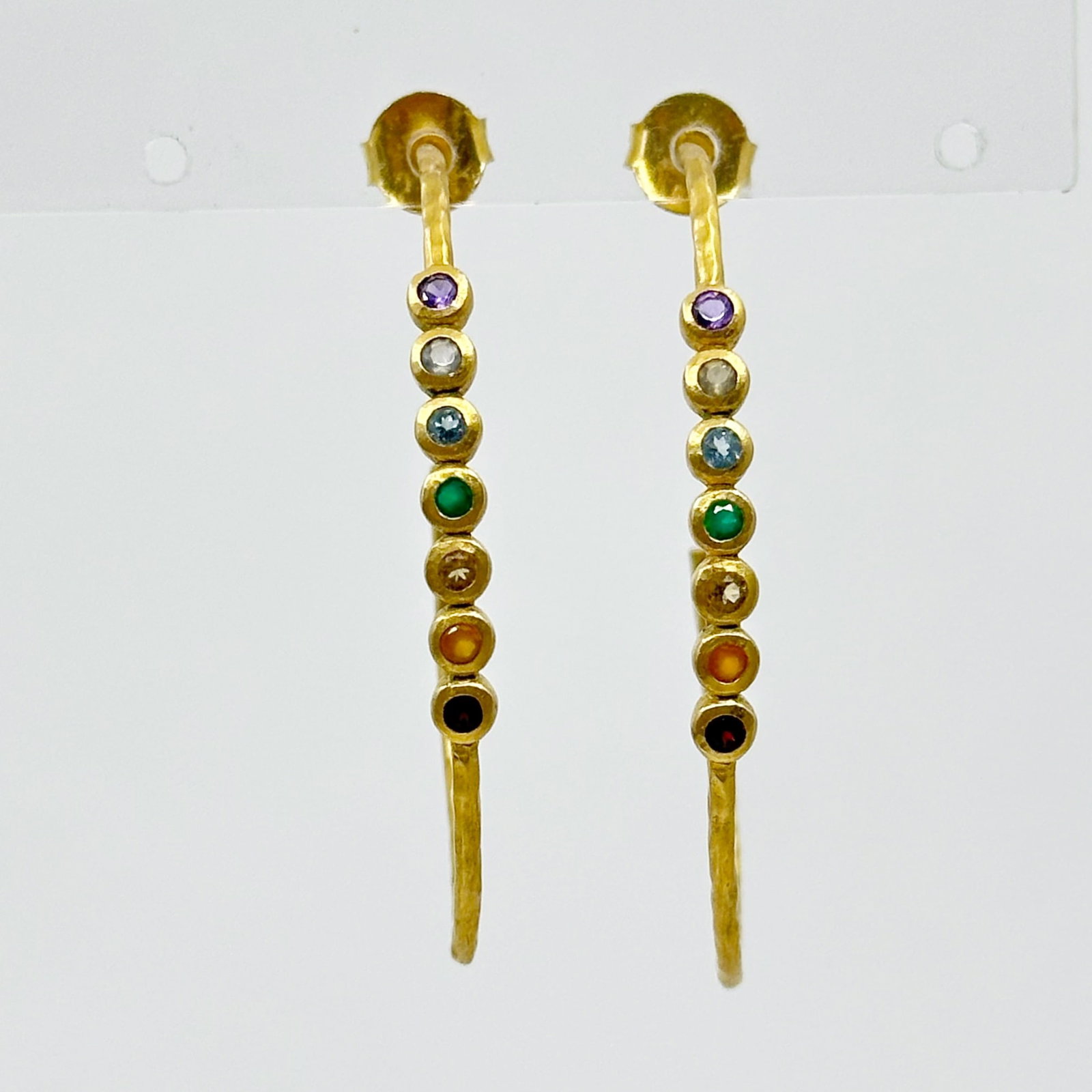 Gold Vermeil Sterling silver Gemstone hoop earrings SKU-408: Measures: 1 5/8" long by 3mm wide crafted with garnet, citrine, chrysoprase, amethyst, blue topaz Hallmark: 925 In very good condition SKU-408
